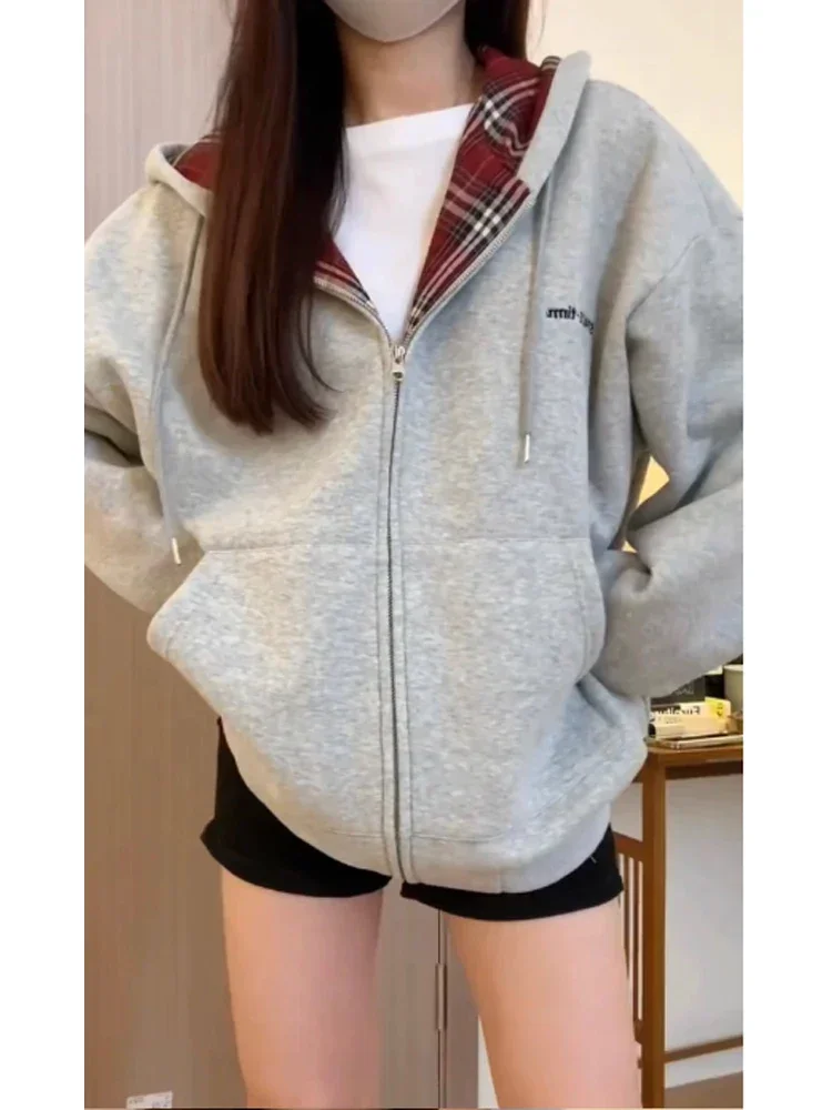 Vintage Zip Hoodie - Harajuku 90-е эстетические красные клетчатые толстовки,